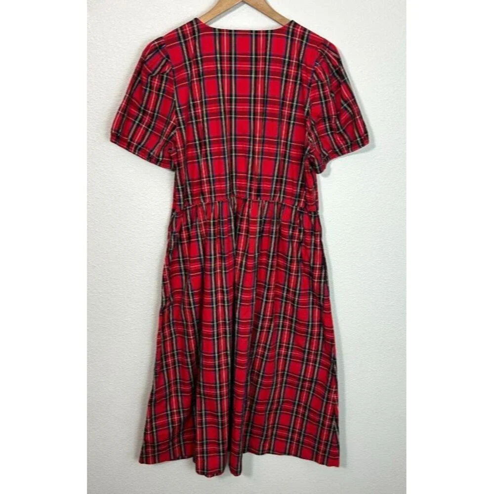 J. Crew Stewart Tartan Plaid Midi Dress 14 Red Puff Sleeve Cotton Blend Holiday